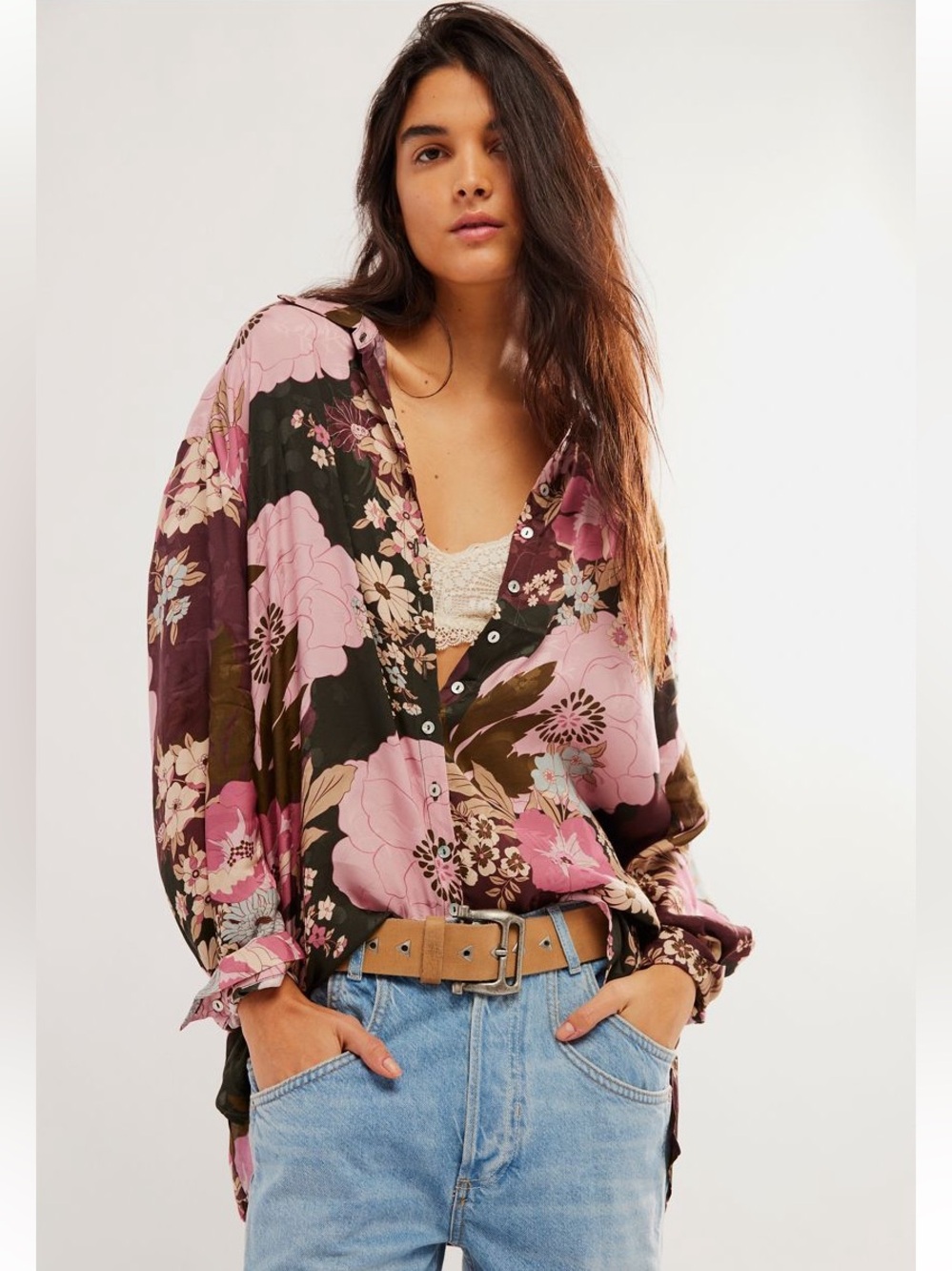 Spell Tyler Satin Floral Button Down Shirt Wildberry Kiss